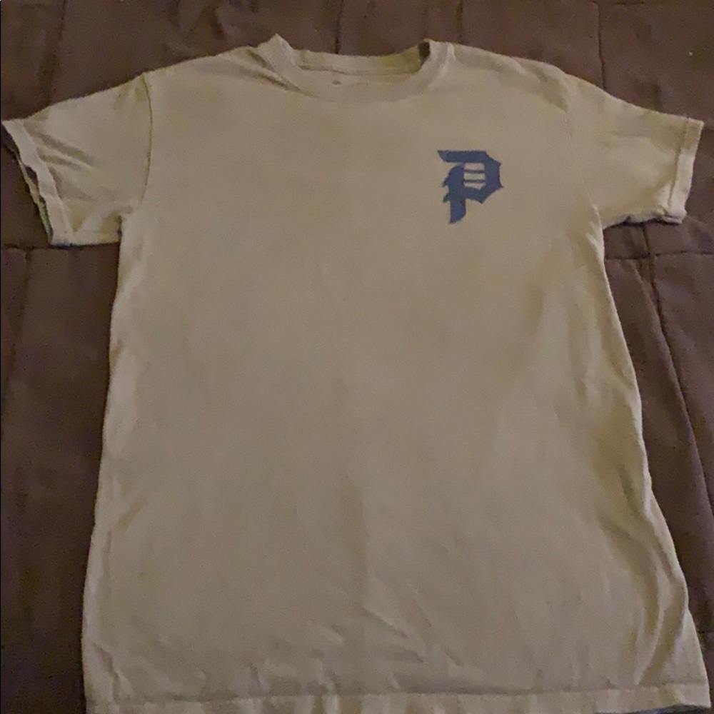 Tan primitive T-shirt with Blue Logo